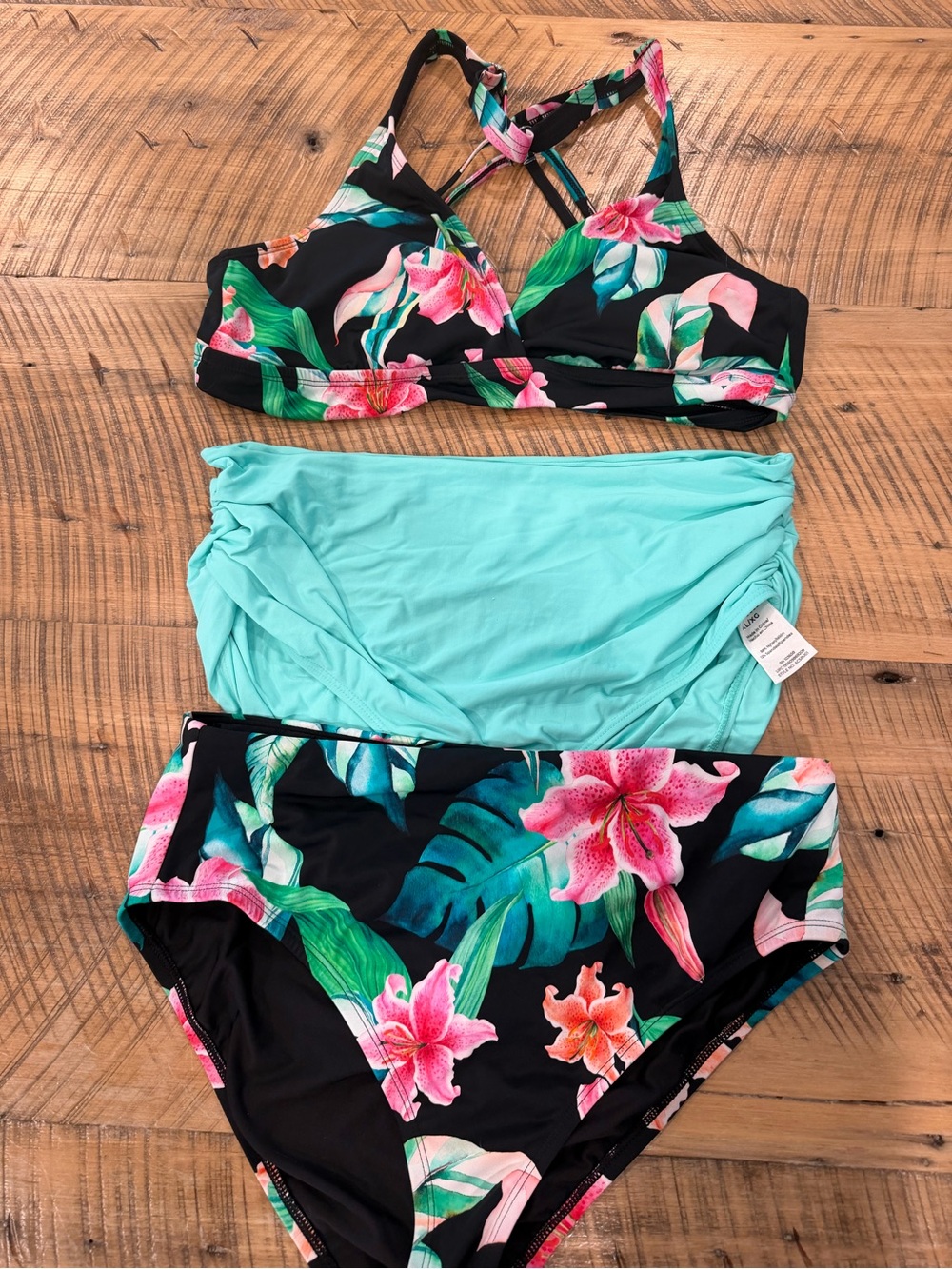 Tropical Floral Two-Piece Bikini Set with extra aqua bottoms (high ruched waist)